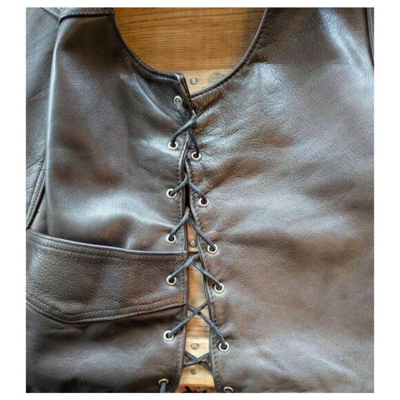 J Winter Leather Biker Vest Large Brown Western Yoke Lace Up Buffalo Snaps USA - Picture 8 of 12